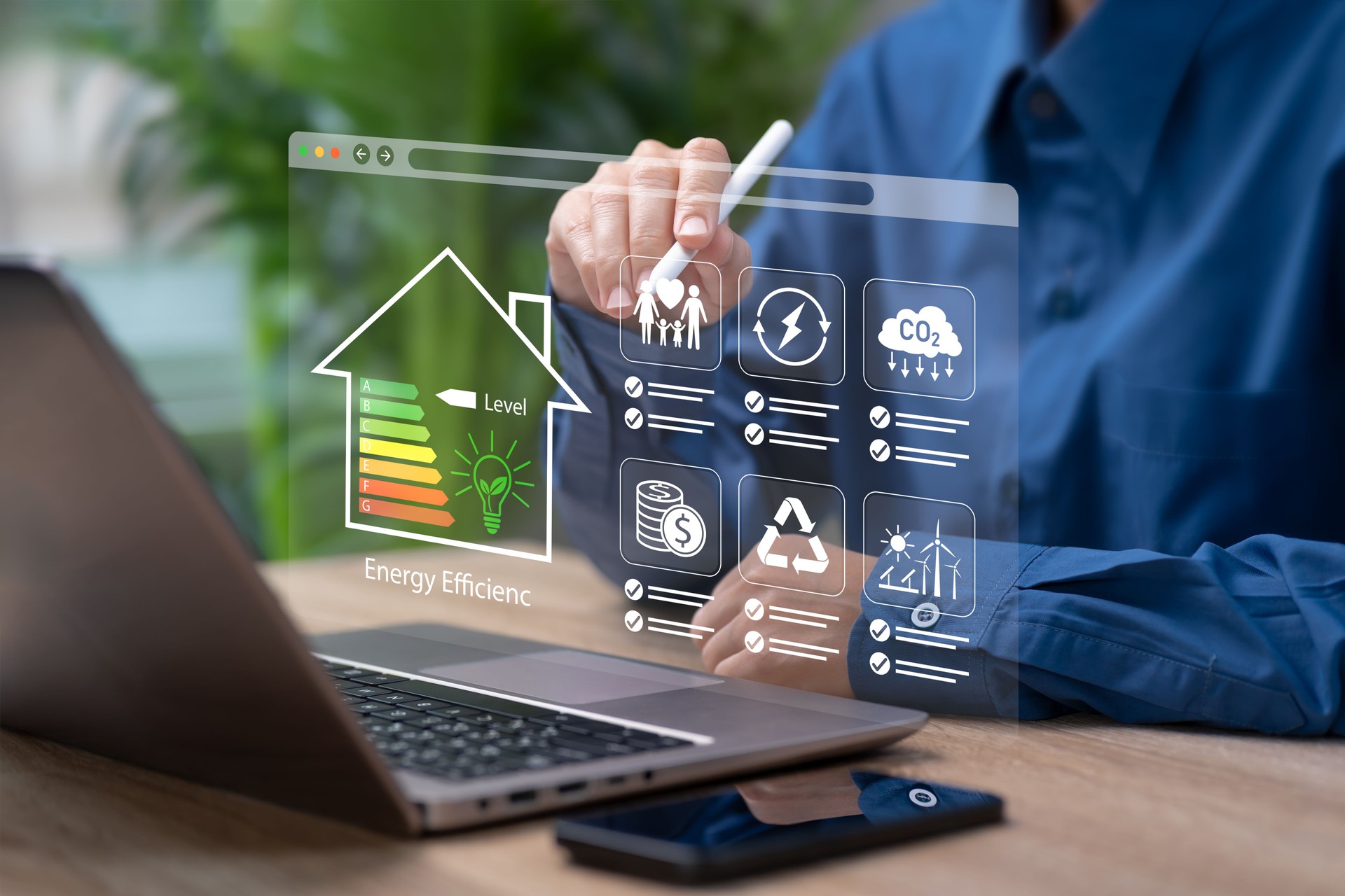 Geschäftsfrau, die einen Energieeffizienzmesser verwaltet, ein umweltfreundliches nachhaltiges Hauskonzept, eine grüne Energieklasse, eine erneuerbare Ressource, eine Smart-Home-Technologie, eine unternehmerische Umweltverantwortung