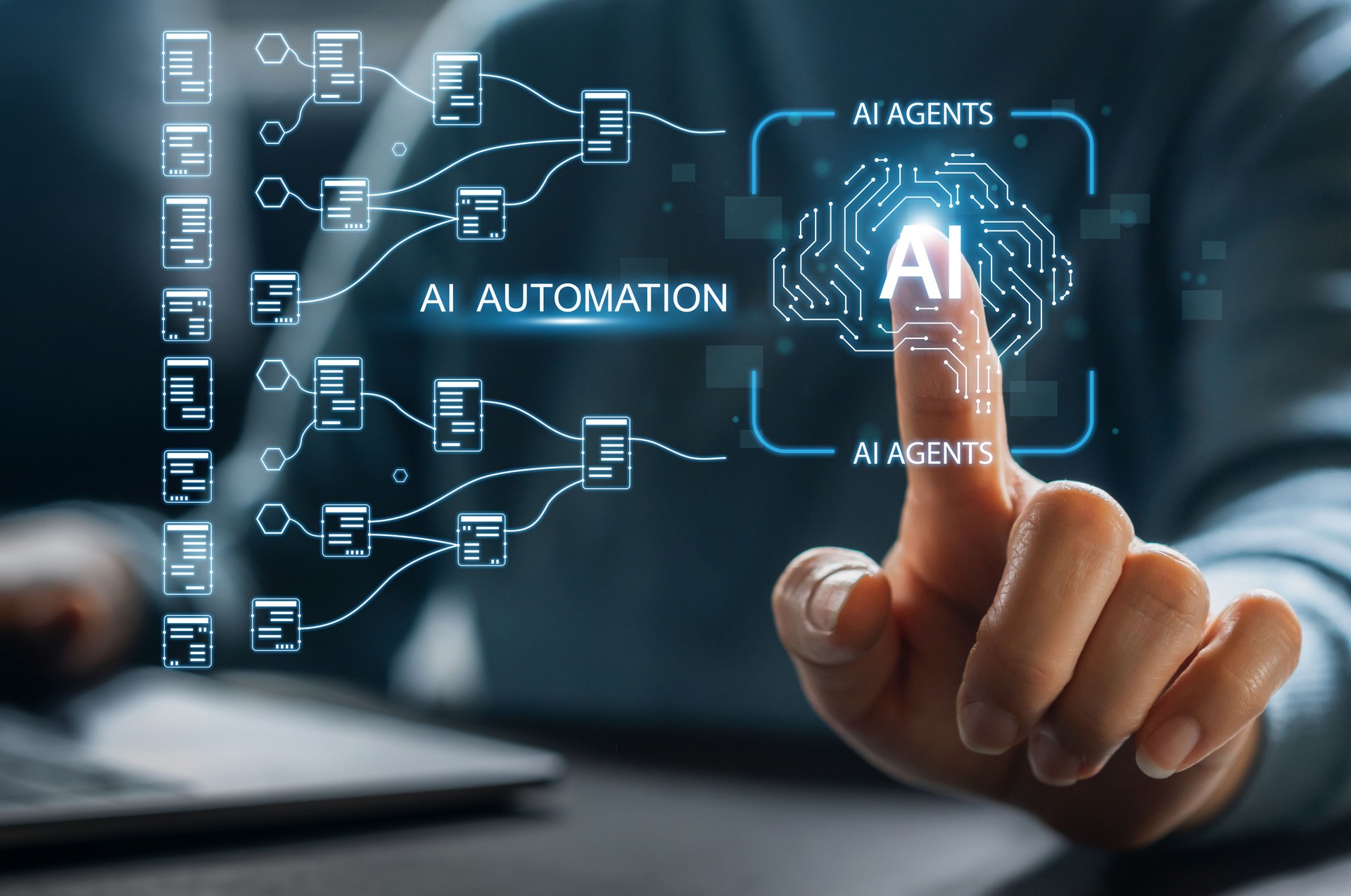 Ai automation technology with digital artificial intelligence, machine learning, robotic, workflow optimization, data analytics, erp software, rpa, data science, big data analytics and chatbot